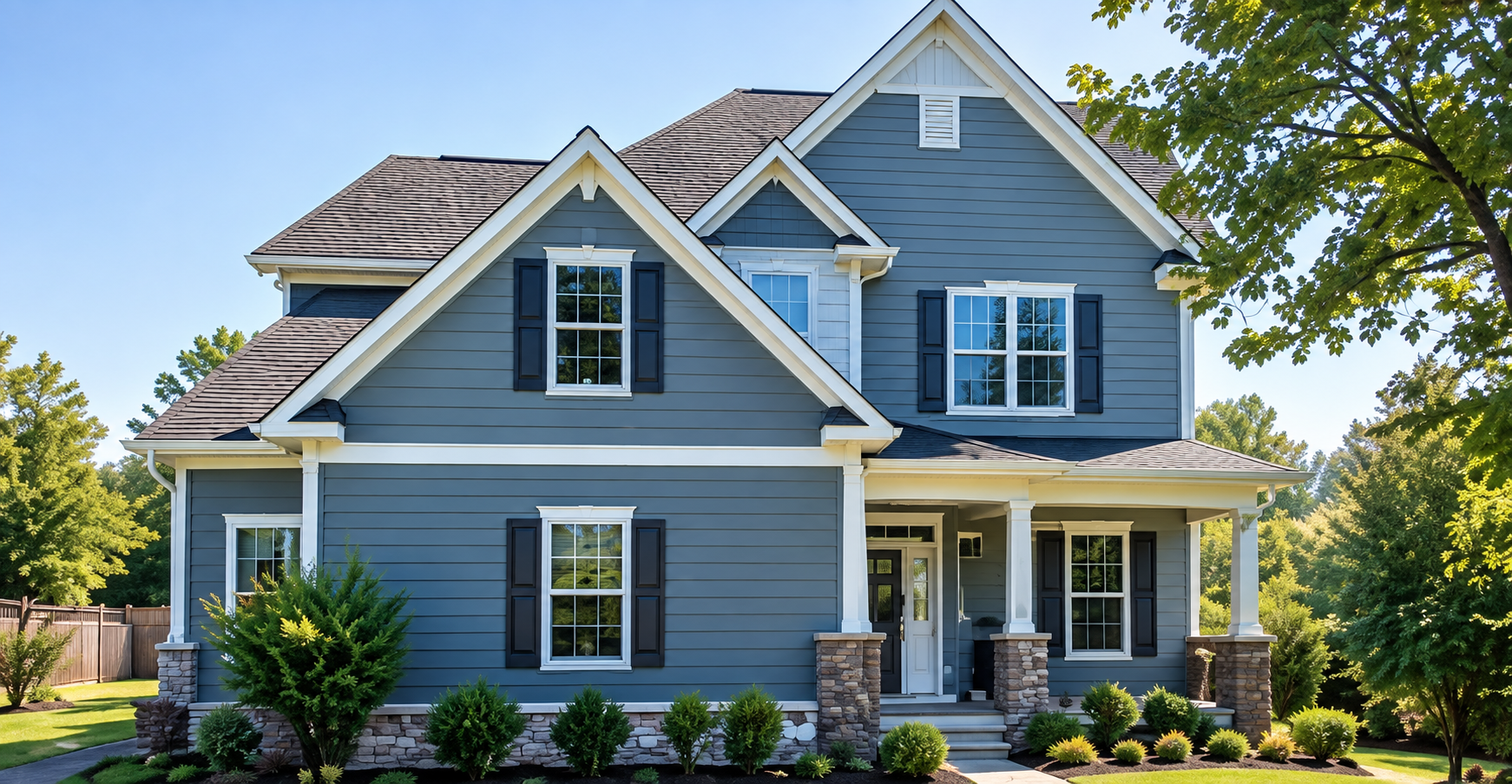 Blue house with white trim and landscaped front garden