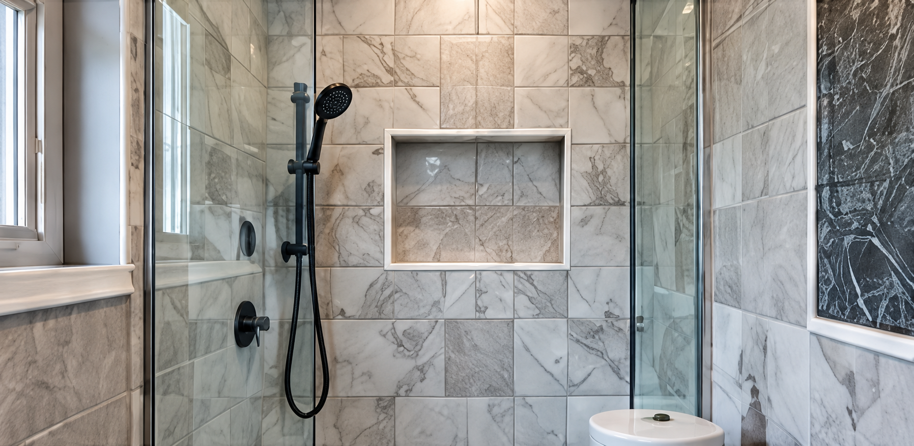 Tiled walk-in shower with a recessed shelf