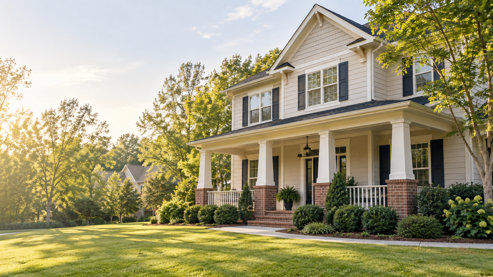 Cream Craftsman house with a front porch and leafy landscaping