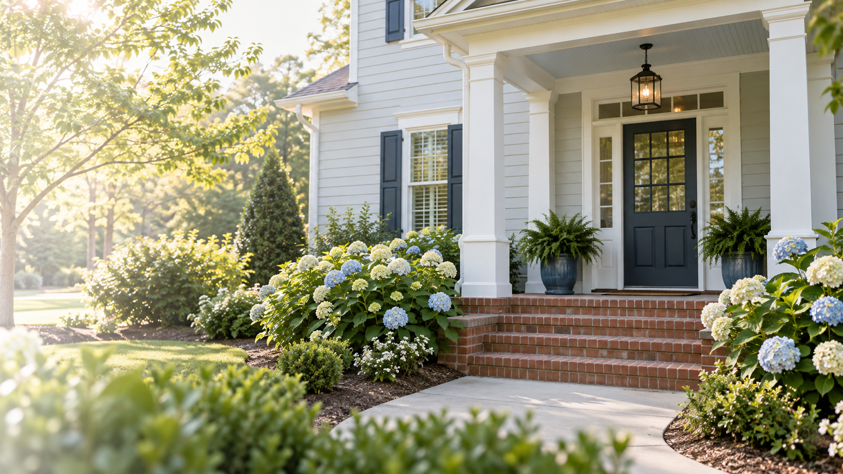 Navy front door with white porch columns and brick entrance steps