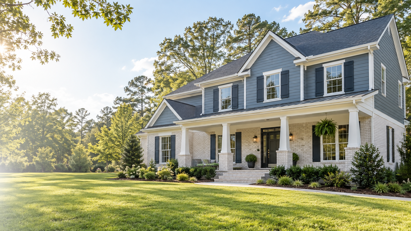Slate-blue house with freshly finished white trim and green landscaping